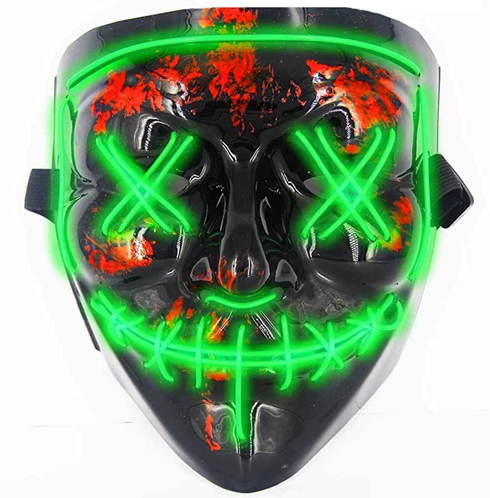 Purge Halloween MaskToys & GamesMade of premium PVC and glowing El Wire There are 4 control modes: Steady Light, Slow flash, Fast flash, Off. You can clip the power to your clothes or in your pocket. Needs two AA batteries (not included) The adjustable el